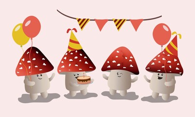 cute mushroom birthday party. hand drawing, doodle, pastel color, balloon, baby shower concept. cartoon sketch