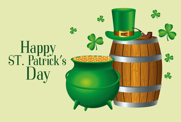 happy saint patricks day lettering with beer barrel and cauldron