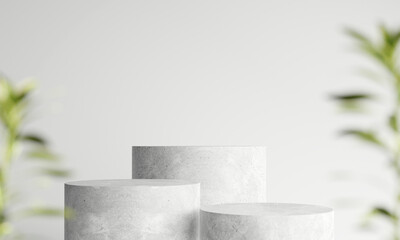 Concrete podium, Cosmetic display stand with blurred green plant. 3D rendering