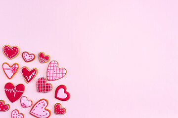 Fototapeta na wymiar Heart shaped cookies flat lay for Valentine's day.