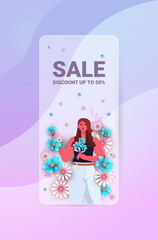 woman holding flowers womens day 8 march holiday celebration spedial offer sale concept vertical portrait vector illustration