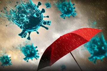 Red umbrella with storm,sky background and rain with black cloud,virus outbreak epidemic coronavirus or covid 19,in rainy season,concept saving planning,insurance,health care and medical ,3d render