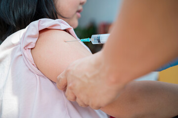  Flu Vaccination Injection on Arm, coronavirus, covid-19 vaccine disease preparing for human clinical trials vaccination shot.