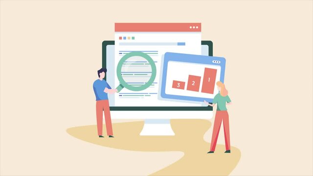 SEO, business people checking website ranking on search engine, explainer animation, 4k stock footage.