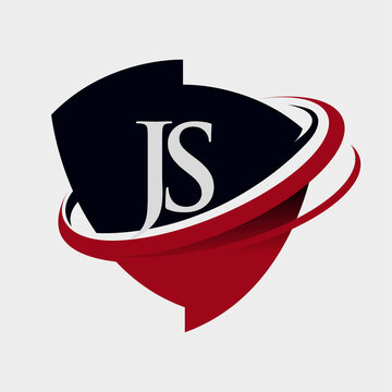 initial letter JS logotype company name colored red and black swoosh and emblem design. isolated on white background.