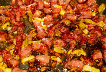 Fried sausage, onion.