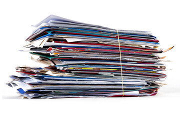 Junk mail stacked high of unpaid bills closeup white isolated background.
