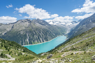 Naklejka na ściany i meble Breathtaking view of schlegeisspeicher glacier reservoir in Zillertal alps in Austria