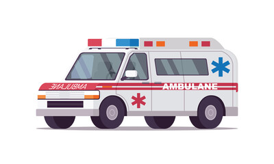 Ambulance emergency car or automobile moving fast vector illustration, flat cartoon comic medical vehicle auto with flasher light or siren isolated