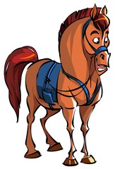 Cartoon funny horse stands in the harness and rejoices.