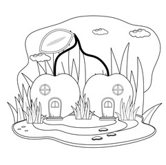 Cherry house in the middle of the forest. Black and white vector illustration for a coloring book