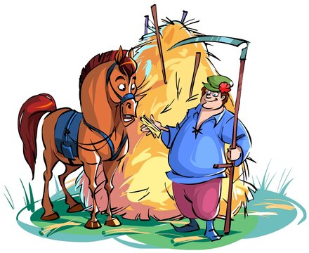 Funny cartoon Farmer with horse. A farmer with a scythe feeds a horse.