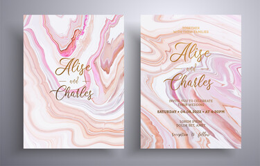 Set of acrylic wedding invitations with stone pattern. Mineral vector cards with marble effect and swirling paints, beige, brown and white colors. Designed for greeting cards, packaging and etc