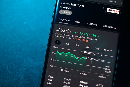 GameStop Corp stock index is seen on a smartphone. Trading in GameStop impacts Wall Street hedge funds. PENANG, MALAYSIA - 31 JAN 2021.        