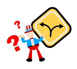 uncle sam america and two direction path road sign cartoon doodle flat design style vector illustration