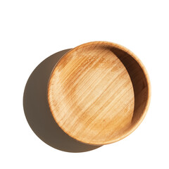 Empty wooden textured cup bowl isolated on white background top view.