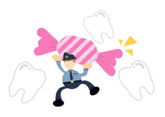 police officer and dental care stop eat candy cartoon doodle flat design style vector illustration