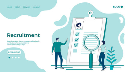 People pick up jobs.Resume review, recruitment, employee search, HR, headhunting.Flat abstract vector illustration.Landing Page Template