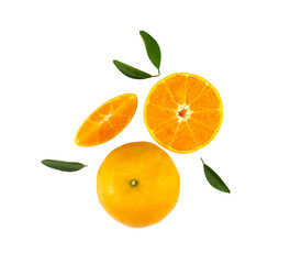 Fresh orange citrus fruit with leaves isolated on white background