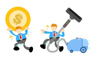 businessman worker and vacuum cleaner clean catch money cartoon doodle flat design style vector illustration