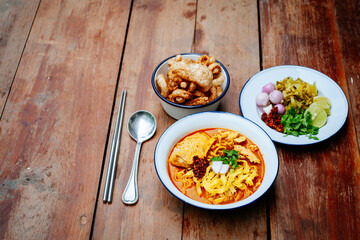 Khao soi - Traditional Thai Food, Thai curry with  A noodle dish in a yellow curry with chicken. 
Khao soy a famous northern Thai food