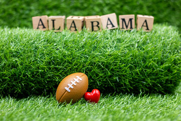 Football with Alabama sign on green grass