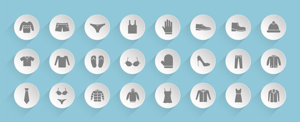 clothes vector icons on round puffy paper circles with transparent shadows on blue background. Stock vector icons for web, mobile and user interface design