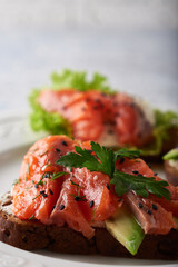 Tasty homemade sandwich with salmon ,greens and avocado