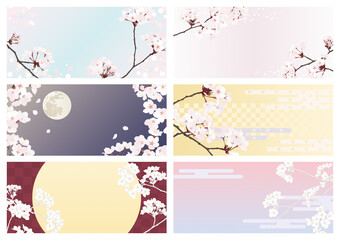 桜 背景 和風 夜桜 和柄 春 満月 装飾 イラスト 素材セット 金色 ゴールド ピンク 水色