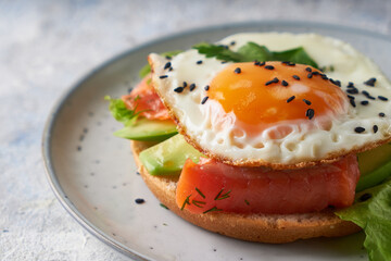 Tasty homemade sandwich with salmon , fried egg ,herbs and avocado