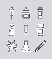 bundle of nine vaccine set collection line style icons