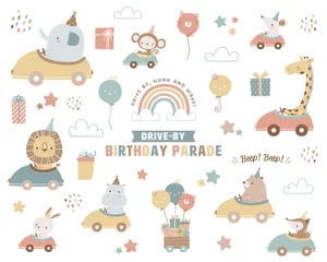 Fototapeten Collection of drive-by birthday parade theme illustrations. Cute animals in a car, rainbow and clouds, balloons, gift boxes, and stars. © Torico