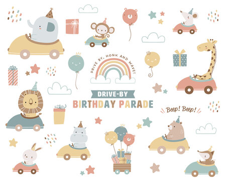 Collection of drive-by birthday parade theme illustrations. Cute animals in a car, rainbow and clouds, balloons, gift boxes, and stars.