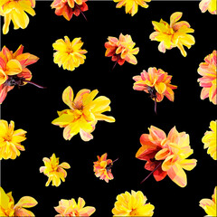 Vector bright red and yellow flowers seamless pattern isolated on black background. Floral collection, design element in low poly style.