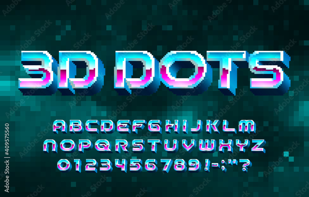 Poster 3d dots alphabet font. digital letters and numbers. pixel background. 80s arcade video game typescri