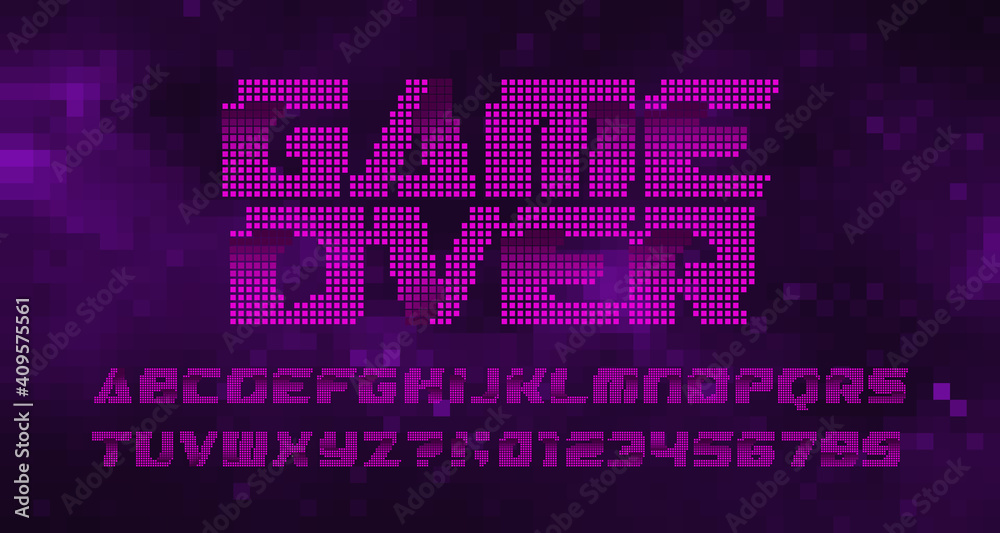 Fototapete game over alphabet font. digital letters and numbers. pixel background. 80s arcade video game typesc