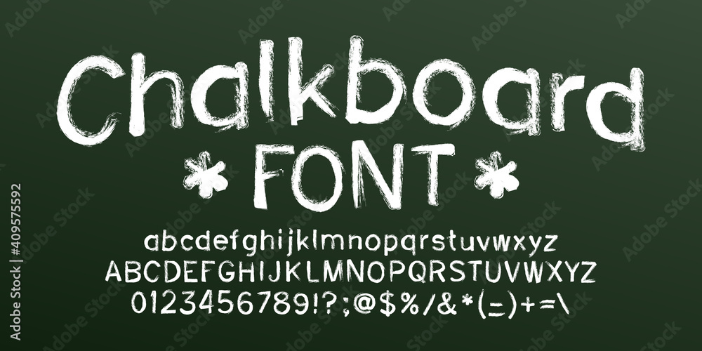 Poster chalkboard alphabet font. hand drawn uppercase and lowercase letters, numbers and symbols. stock vec
