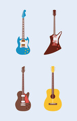 four guitars instruments musicals set icons