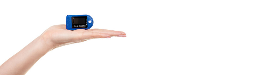 Hand with medical oximeter isolated on white background.