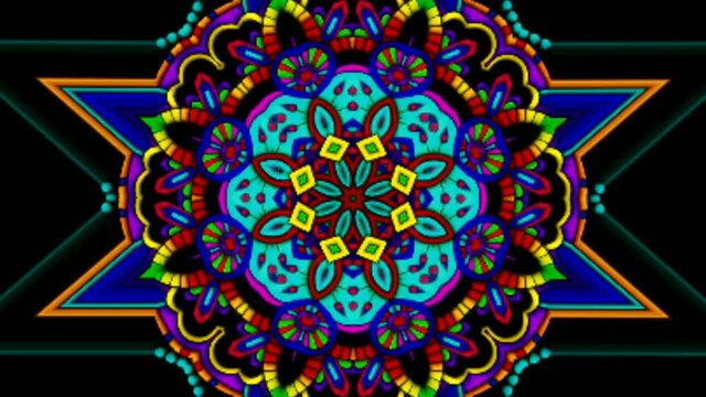 Colored kaleidoscope sequence patterns. Abstract multicolored motion graphics background ornamental round ornament