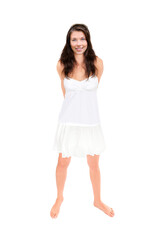 Full leght portrait of a beautiful young woman wearing a short summer skirt, tank top and sunglasses, isolated on white studio background