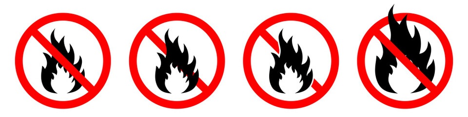 Make a fire is prohibited. No fire icons set. Red ban of flame signs. Vector illustration.