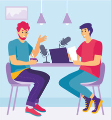Podcast show. Two guy broadcasting, Podcast vector illustration in flat style. Radio studio. Two bloggers with table studio microphone. Broadcast concept. Two men recording and listening audio podcast