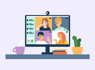 Video conference concept illustration. People connecting together, learning or meeting online with teleconference, video conference remote working on laptop computer, work from home, new concept.