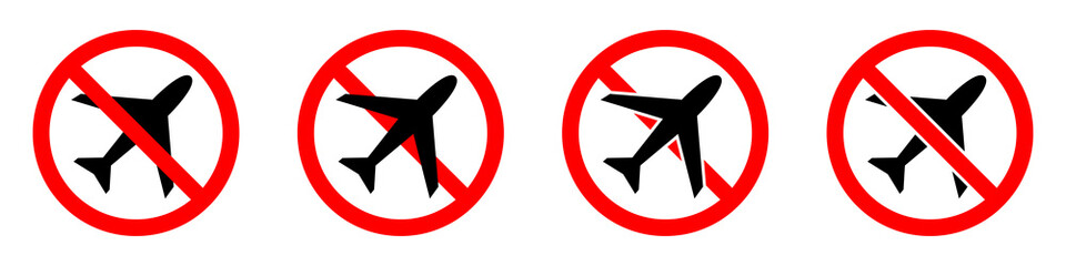 Stop or ban red round sign with airplane icon. No flights. Flights banned