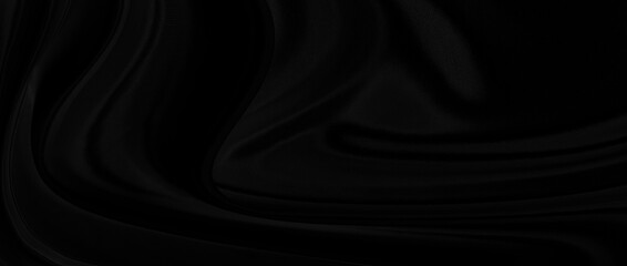Black gray satin dark fabric texture luxurious shiny that is abstract silk cloth panorama background with patterns soft waves blur beautiful.