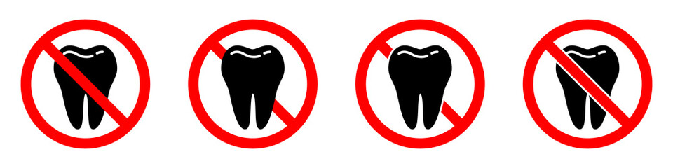 No tooth icon. Stop or ban red round sign with tooth icon. Vector illustration.