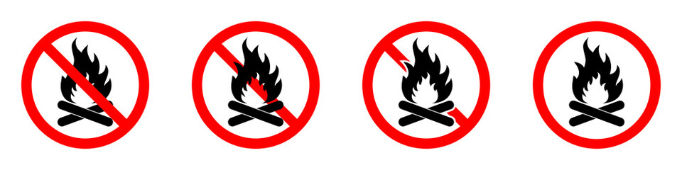 Make a fire is prohibited. No fire icons set. Red ban of flame signs. Vector illustration.