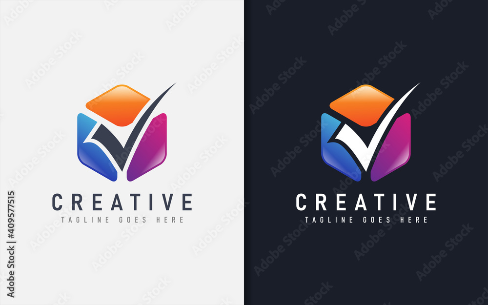 Poster Creative Colorful Cube Combine with Tick Symbol. Abstract Modern Logo Template Design.