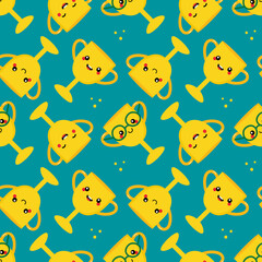 Cute and happy cartoon style golden challenge cup, trophy characters with dots for sport and business design.
